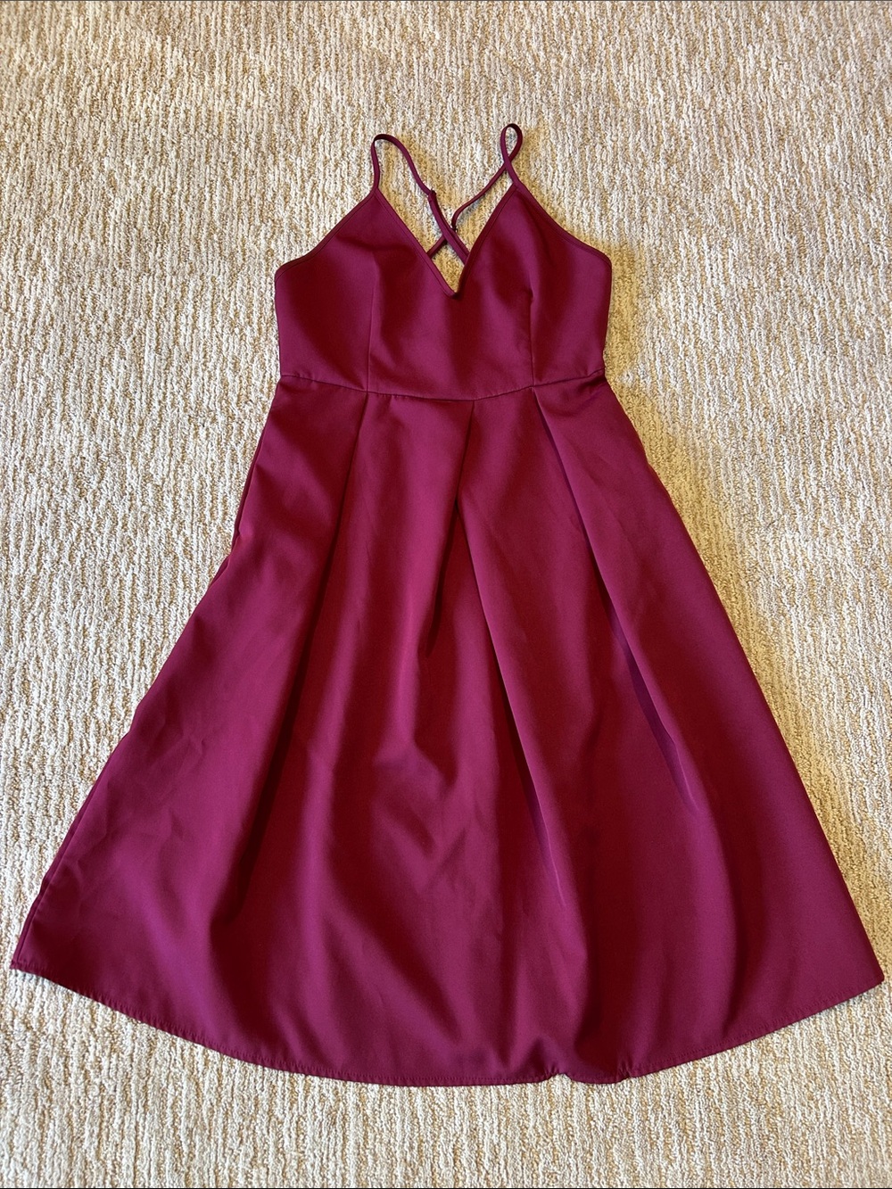 Women's Burgundy Midi Fit-and-Flare Dress with Double Straps
